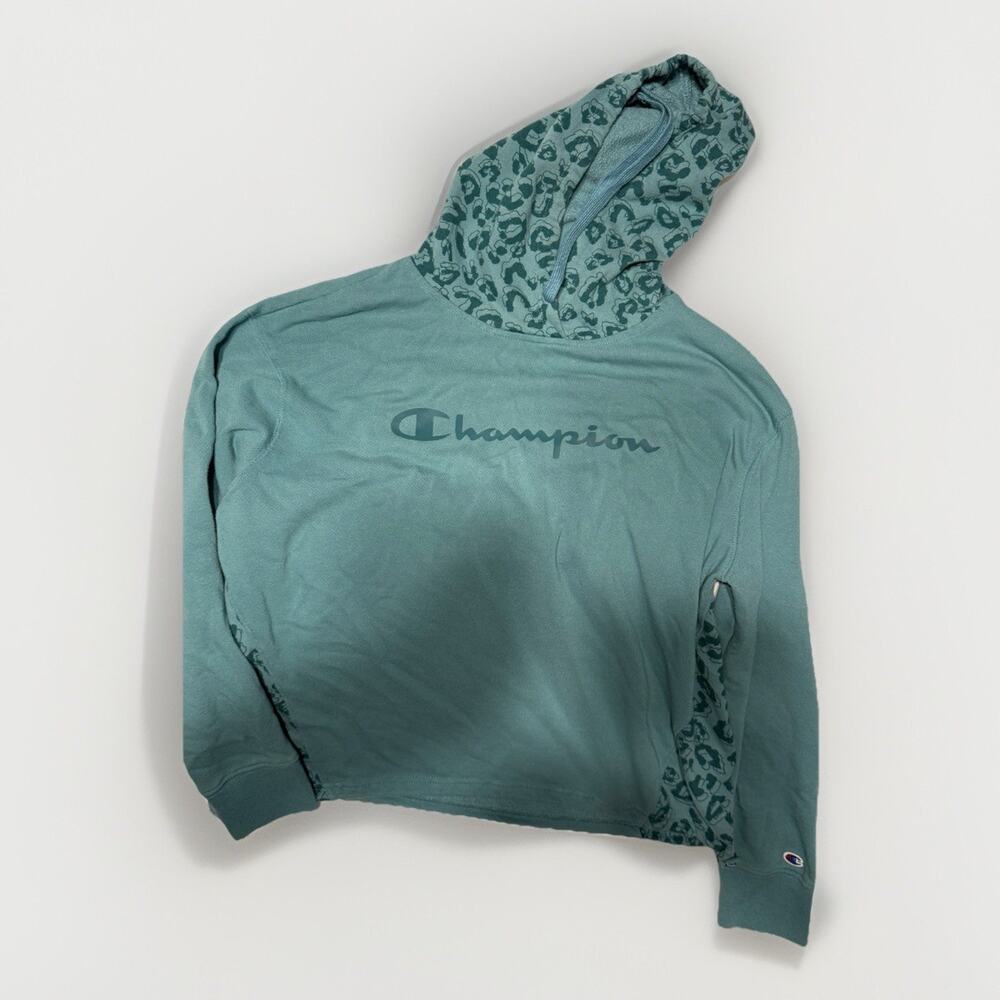 Champion Green Leopard Print Pullover Hoodie Crew Neck Long Sleeve Women's M